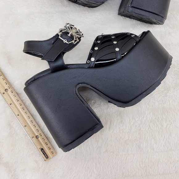 Camel Black Platform Sandals Cut out Web Toe Strap Goth Punk - Picture 11 of 14